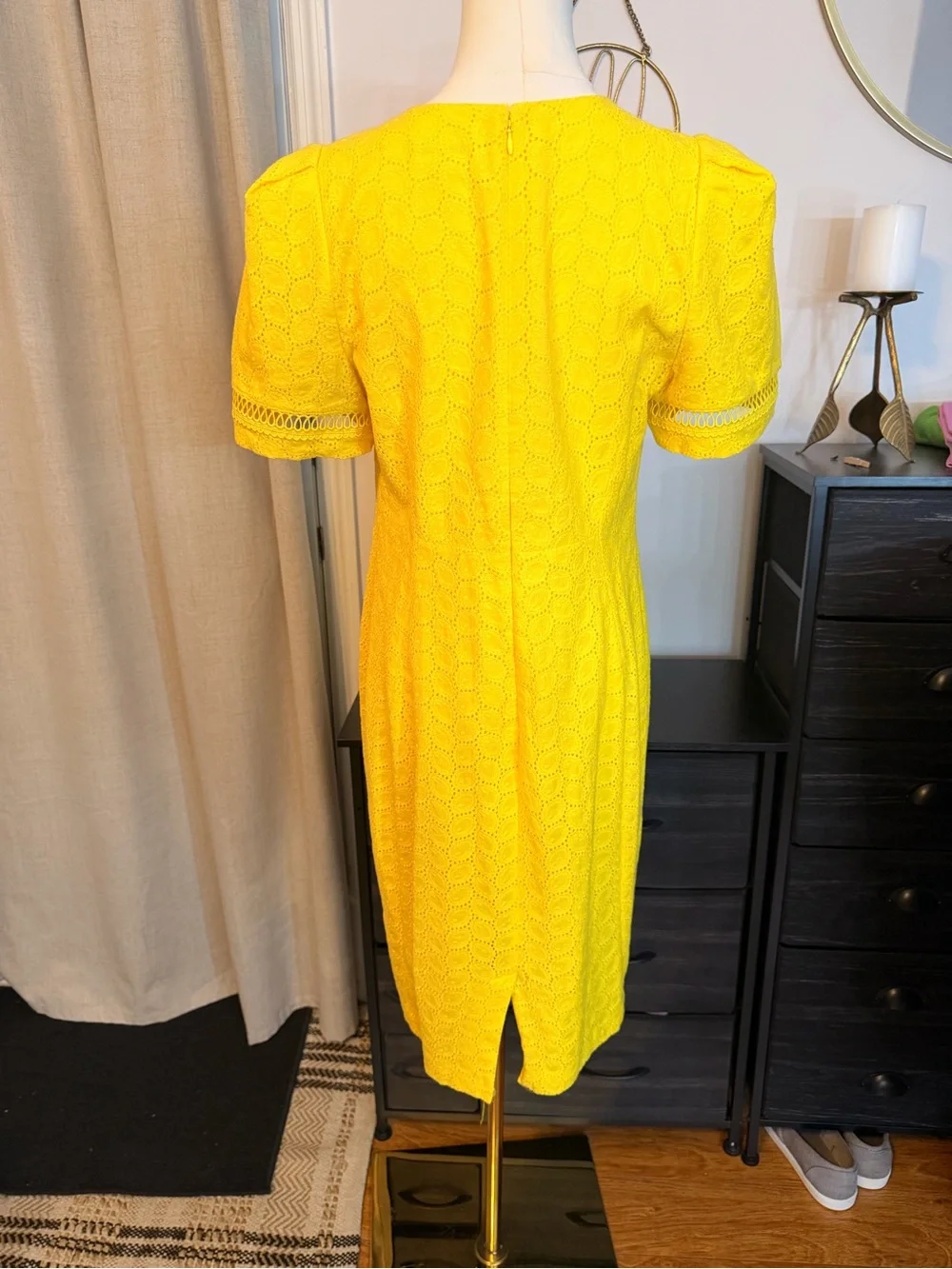 Calvin Klein Yellow Eyelet Puff Sleeve Midi Dress